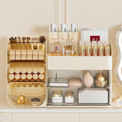 Booklov Makeup Organizer for Vanity, Countertop Cosmetic Display Case with Clear Acrylic Drawers, Bathroom Counter Beauty Caddy, Cute Table Storage Holder for Skincare, Brush Lipsticks, Crystal White