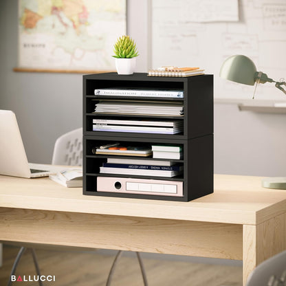 Ballucci 4-Tier Paper Organizer for Desk, Stackable Organizer Tray, Desk Storage Shelves, Stacking Letter Paper Tray Sorter for Classroom, Office, White
