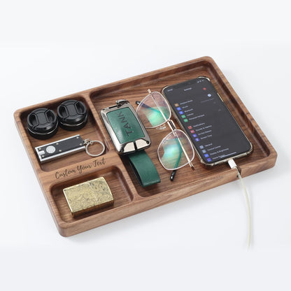 Walnut Wooden Valet Tray – Bedside Table Organizer for Men Dad, Edc Catch All Tray with Cable Slot (11.4 x 7.9 x 0.8 Inch)