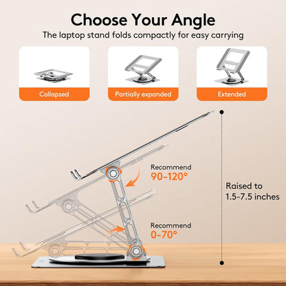 TECKNET Laptop Stand for Desk, 360 Rotating Base, Ergonomic Foldable Computer Stand for Laptop Riser Height Adjustable, Compatible with MacBook Pro, All Laptops 10-17" - Silver