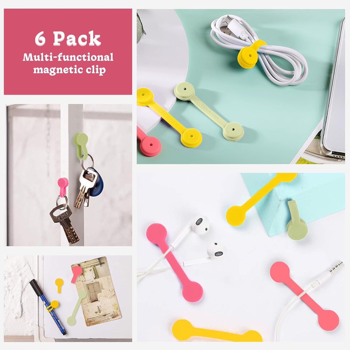 Viaky 6 Packs Magnet Wire Winder Straps, Multi-Colored Noticeboard Fridge Clips Silicone Cable Organizer Reusable Tie Phone Earbuds Bookmark Whiteboard Fridge (Lake Blue, Blue, Gray)