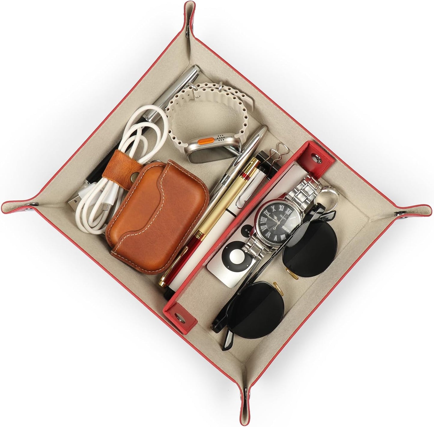 Londo Leather Tray Organizer - Practical Lightweight Water Resistant Computer Table Desk Storage Box for Wallets, Watches, Keys, Coins, Cell Phones and Office Equipment