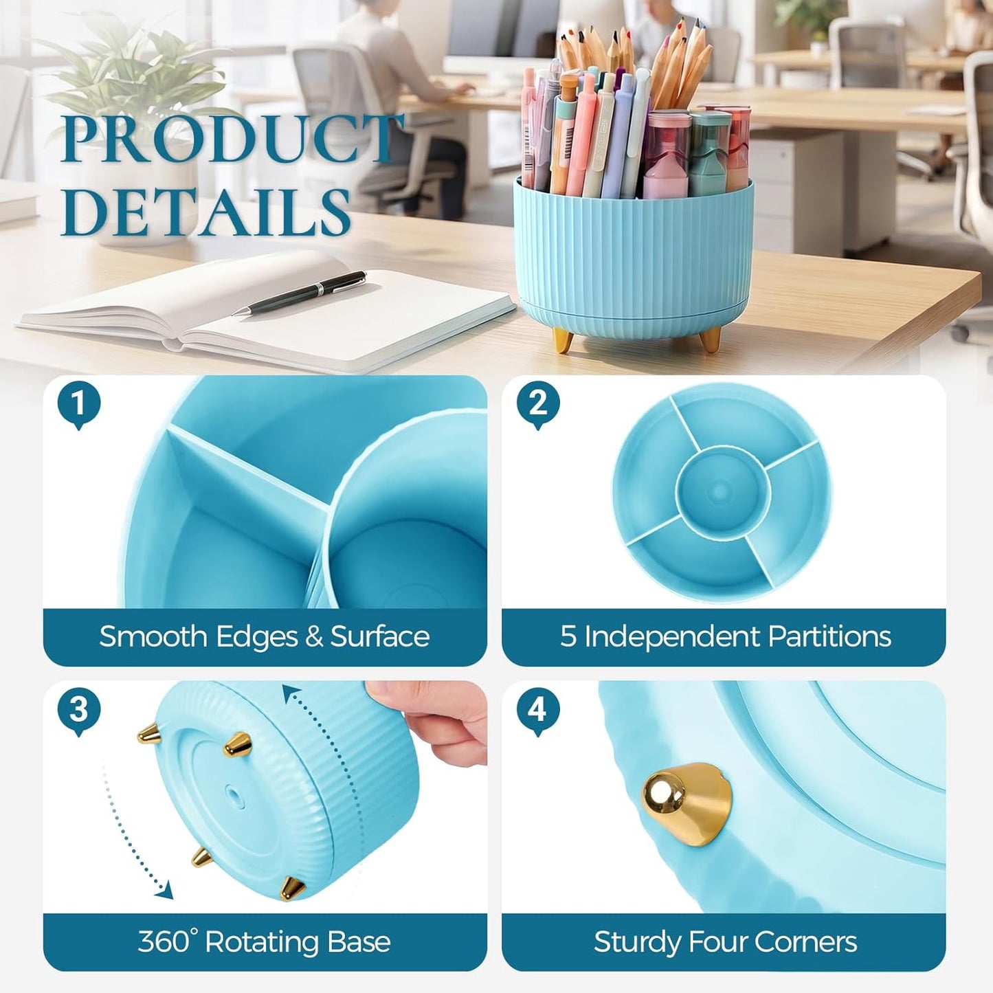 KONVINIT Pencil Pen Holder for Desk, 5 Slots 360 - Degree Rotating Desktop Organizer, Cute Desk Organizers and Accessories for School, Home, Office and Art Supply, Beige