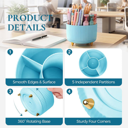 KONVINIT Pencil Pen Holder for Desk, 5 Slots 360 - Degree Rotating Desktop Organizer, Cute Desk Organizers and Accessories for School, Home, Office and Art Supply, Beige