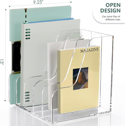 SANRUI Acrylic Magazine Holder Desk Organizer Workspace Sorters，Clear Bookend File Sorter Holder，Folder Rack, Office Accessories Organization Storage with 3 Vertical Compartments