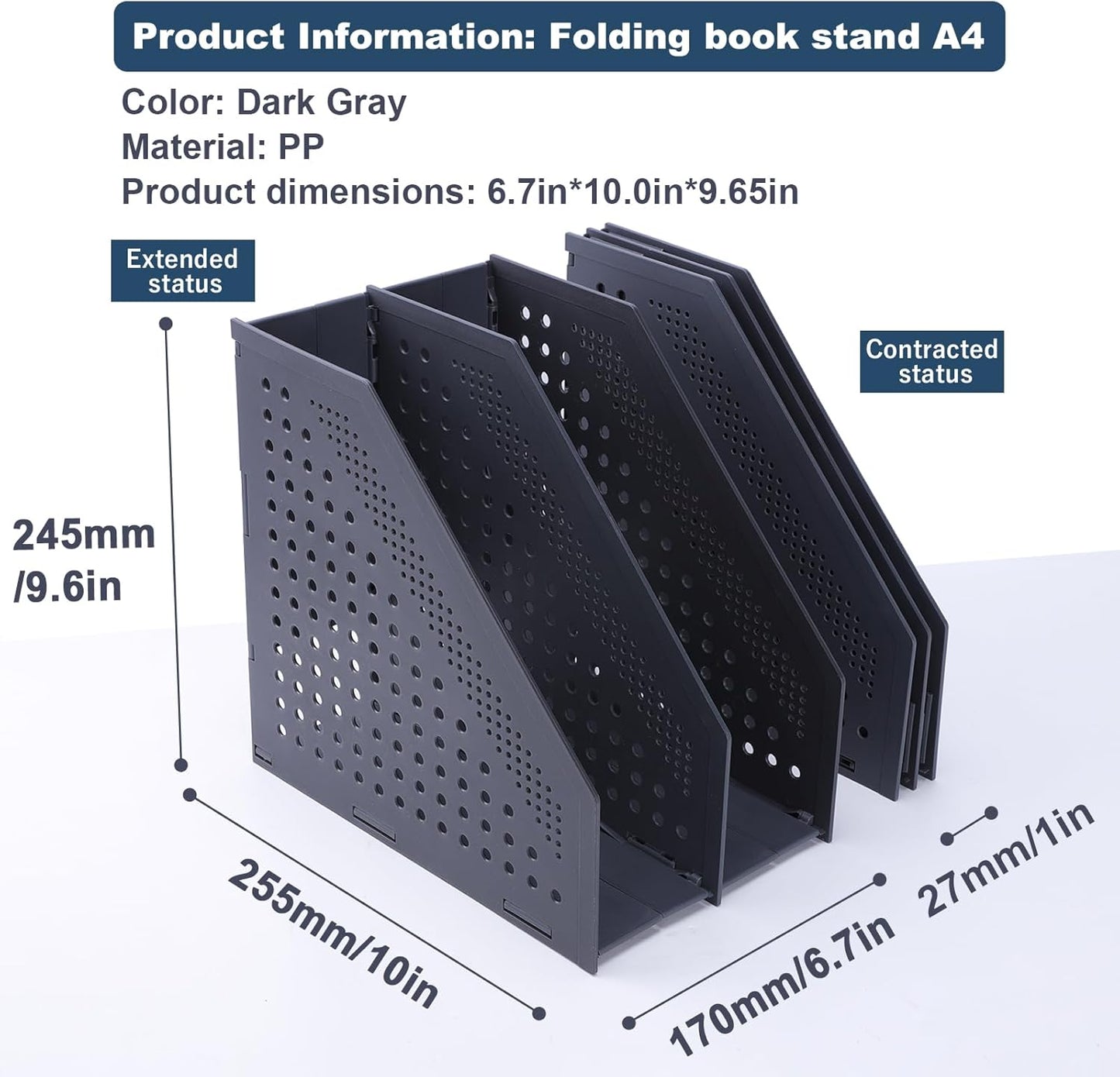 FRETONBA Collapsible Magazine File Holder with 2 Vertical Compartments Foldable Binder Holder for Desk Binder Storage Organizer Plastic Magazine Holders for Shelf, Dark Gray
