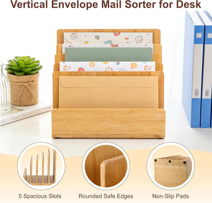 Bamboo Desk File Organizer, 5-Section Vertical Mail Sorter, Home Office Desktop Holder for Folders, Letters, Envelopes, Bills, Documents Storage