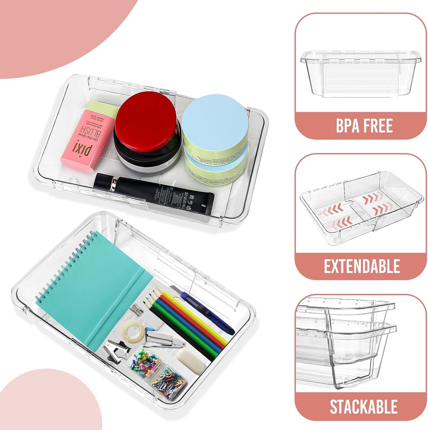 Yummy Sam 16PCS Expandable Drawer Organizers, 2-Size Clear Acrylic Storage Box, Expanding & Adjustable Drawer Organizer for Makeup, Vanity, Bathroom, Kitchen, Office