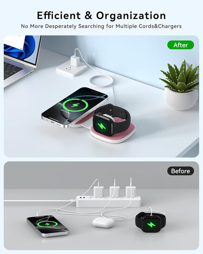 Charging Station for Apple Multiple Devices：2 in 1 Foldable Wireless Charger for Magnetic Wireless Charger Station Travel Charging Pad for Apple iPhone 17 16 15 14 13 12 Series& Apple Watch& Airpods
