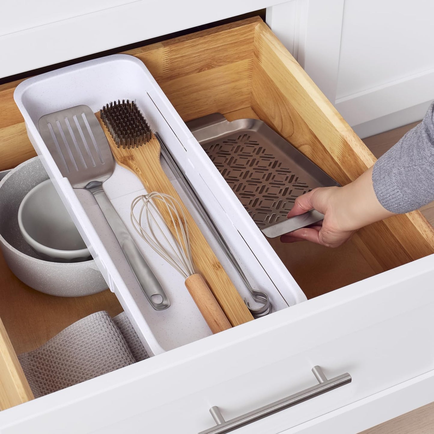 YouCopia DrawerFit Sliding Drawer Tray with Adjustable Dividers, Expandable Kitchen Storage Organizer, Speckled White