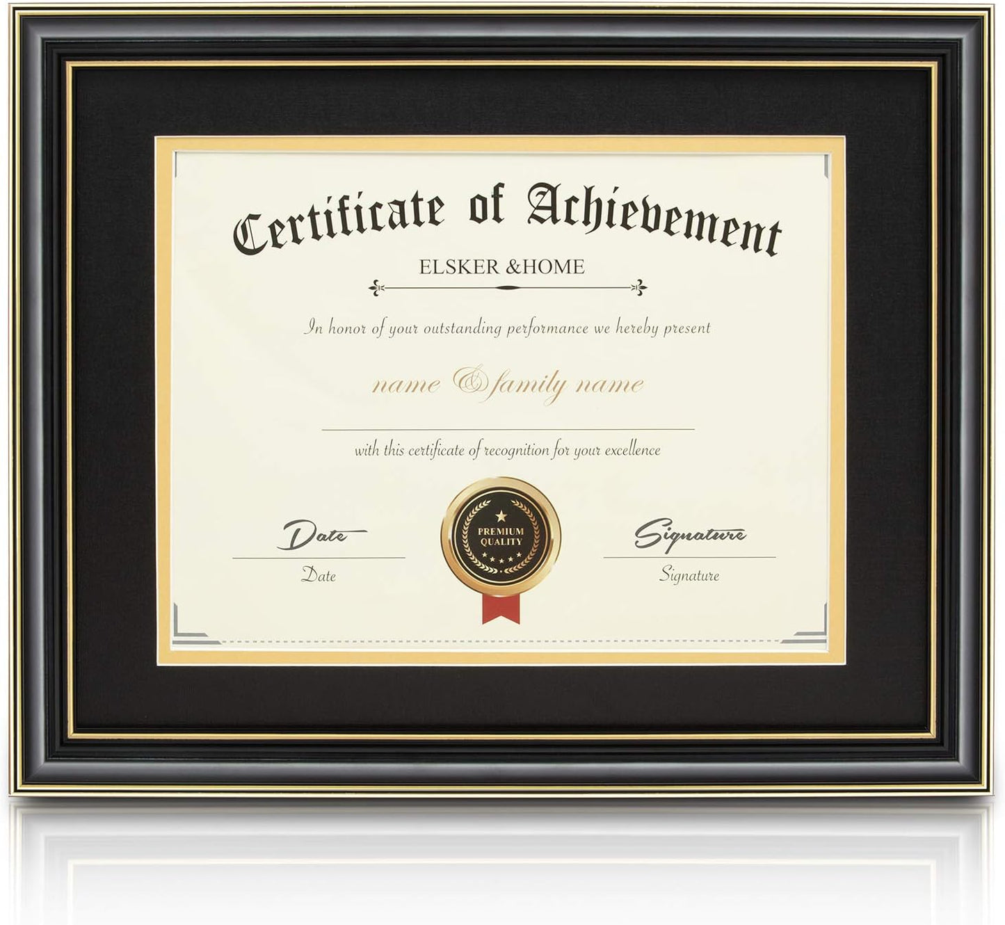 ELSKER&HOME Diploma Frame - Wide Solid Wood Frame - Black Velvet Golden Rim Mat - Semi-Tempered Glass - Includes Hanging Hardware and Desktop Easel(ONLY Display 11×14 Document/Certificate)