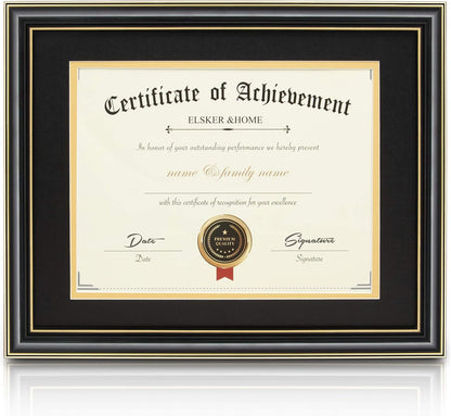 ELSKER&HOME Diploma Frame - Wide Solid Wood Frame - Black Velvet Golden Rim Mat - Semi-Tempered Glass - Includes Hanging Hardware and Desktop Easel(ONLY Display 11×14 Document/Certificate)