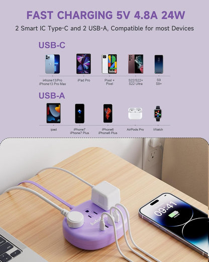 Pink Extension Cord with Surge Protected 1080J - 5 FT Kawaii Power Strip, 1625W Cute Extension Cord with 3 AC Outlet 4 USB (24W/4.8A), Compact for Cute Pink Kawaii Desk Home Essentials