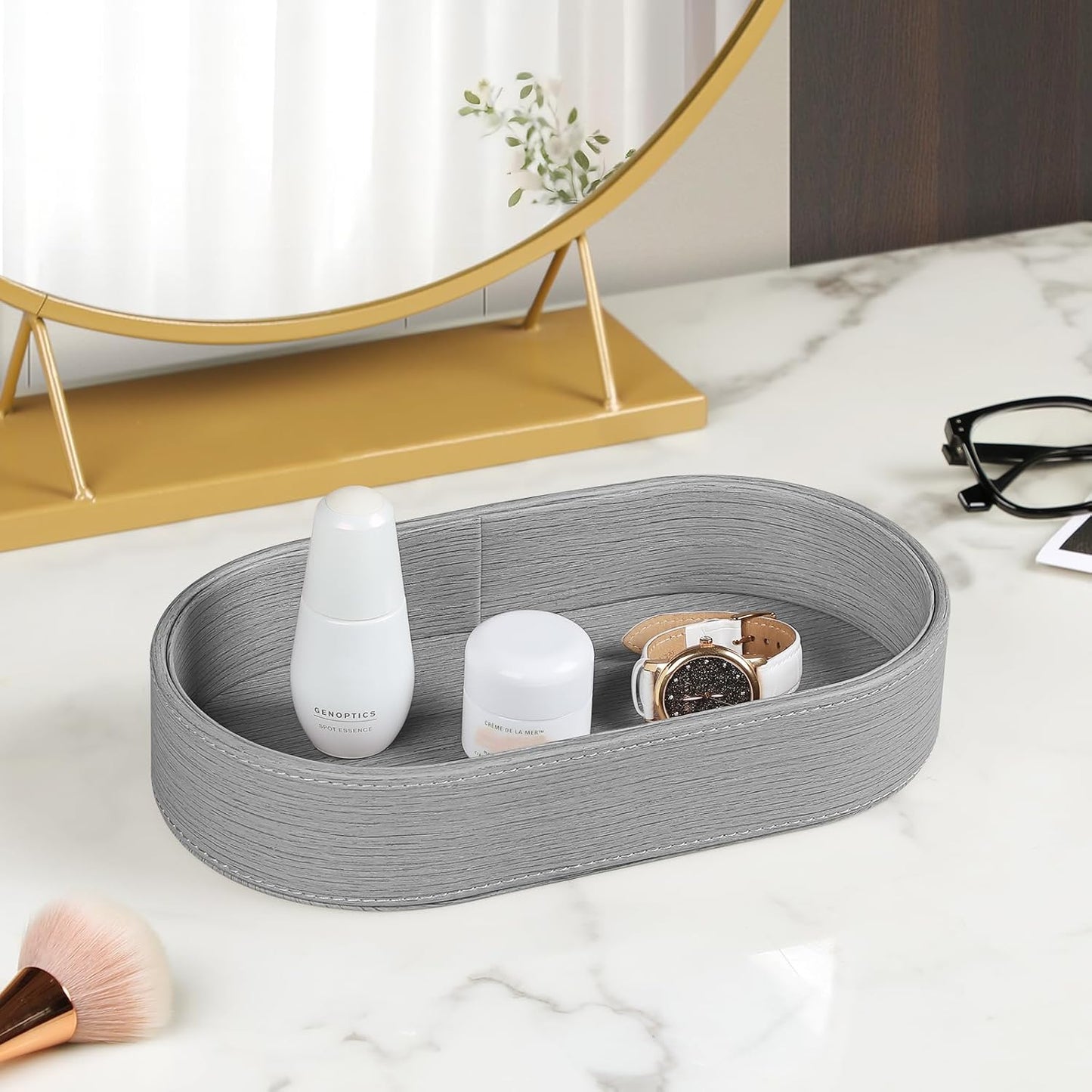 Oval Desk Valet Tray, PU Leather Perfume Dish Bowl for Keys Wallet Watch, Decorative Trinket Vanity Jewelry Tray, Entryway Nightstand Organizer Women Men (Black)
