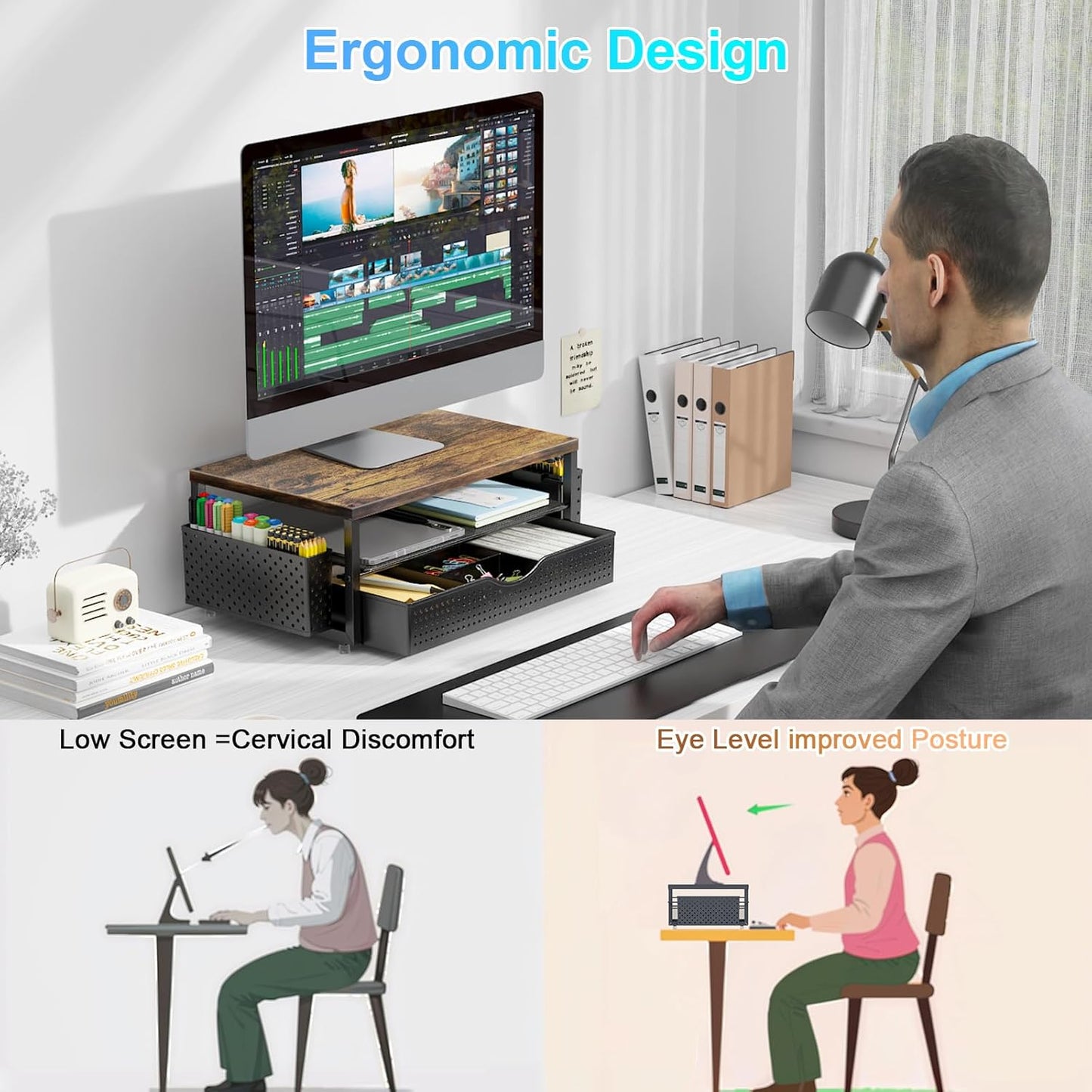 gianotter Wood Monitor Stand Riser, Office Desk Shelf Organizer, Desk Organizer with Drawer and Pen Holder, 2-Tier Computer Stand, Office Organization (Ink)