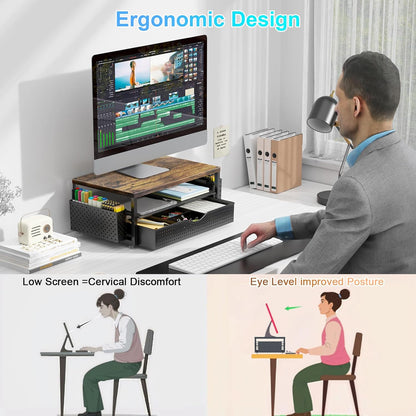 gianotter Wood Monitor Stand Riser, Office Desk Shelf Organizer, Desk Organizer with Drawer and Pen Holder, 2-Tier Computer Stand, Office Organization (Ink)