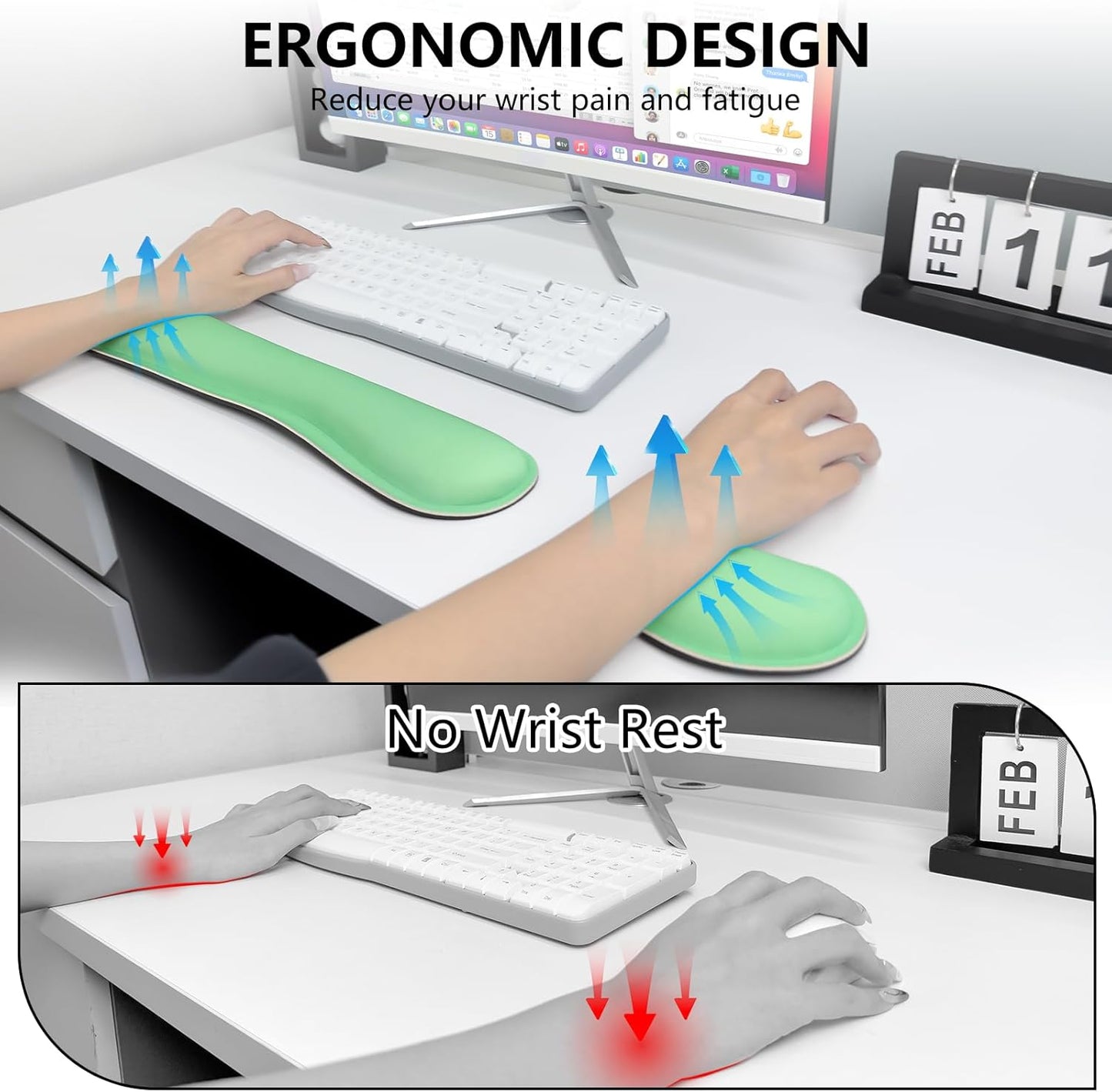 Wrist Rest for Computer Keyboard and Mouse, Ergonomic Design Wrist Support Pad for Keyboard, Soft Memory Foam Desk Pads Support Hand and Arm Easy Typing Pain Relief, 2 Piece Pad, Cream Pink