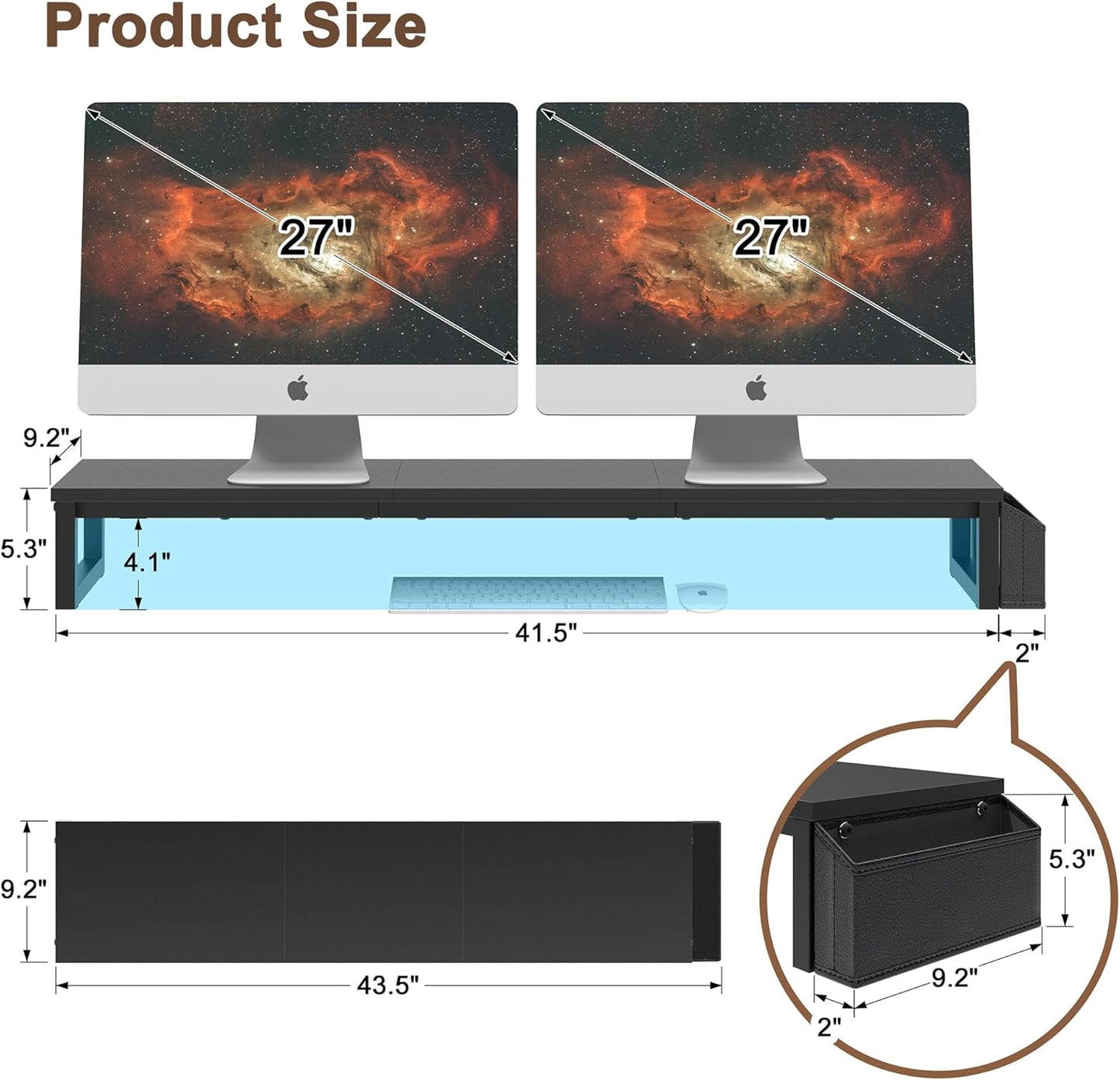 LAND·VOI Heavy Duty Dual Monitor Stand, Holds 2 Screens Up to 27 Inches, Adjustable Length and Angle Monitor Riser, Desk Organizer with Side Pockets and Drawers, Home Office Desk Storage, Rustic Brown