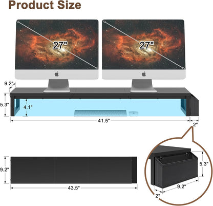 LAND·VOI Heavy Duty Dual Monitor Stand, Holds 2 Screens Up to 27 Inches, Adjustable Length and Angle Monitor Riser, Desk Organizer with Side Pockets and Drawers, Home Office Desk Storage, Rustic Brown