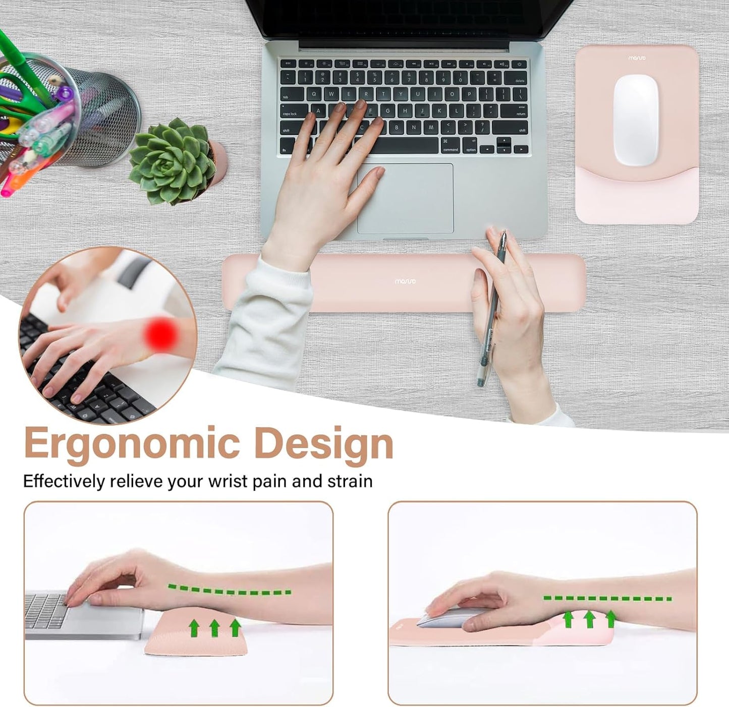 MOSISO Wrist Rest Support for Mouse Pad&Keyboard Set, Rectangular Ergonomic Mousepad Non-Slip Base Home/Office Pain Relief&Easy Typing Pad with Neoprene Cloth&Raised Silicone Lining, Green