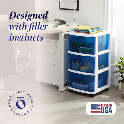 HOMZ Drawer Tower, 3-Tier Rolling Storage Cart with Removable Wheels, White Frame – Plastic Organizer with Clear Bin Drawers for Bedroom, Bathroom, Home Office, and Dorm Room