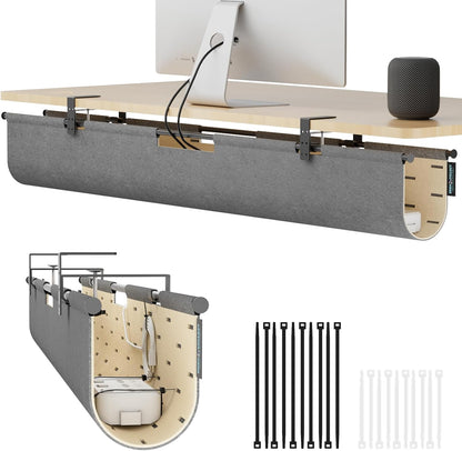 2-in-1 Under Desk Cable Management Tray & Privacy Panel, Dual-Sided Thick Felt Cord Organizer with 20 Cable Ties,Heavy Duty Steel Frame Support, No-Drill Clamp Mount,Large Capacity (Khaki/Gray, 45.2")