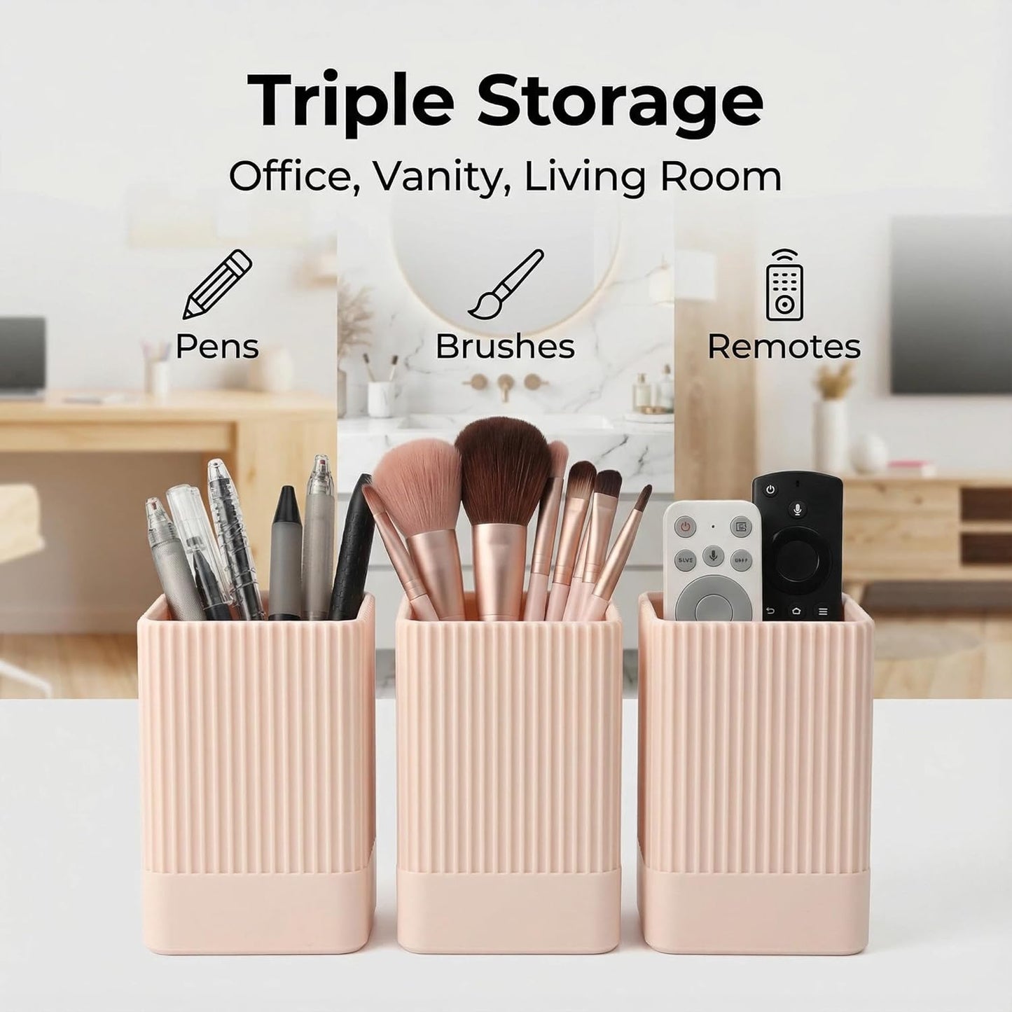 3 Pack Aesthetic Pen Holder for Desk-Sturdy Plastic Pencil Holder - Stylish Makeup Brushes Cup for Women Girls - Cute and Functional Desk Organizer for Office Supplies - Modern Office Decor Pen Cup