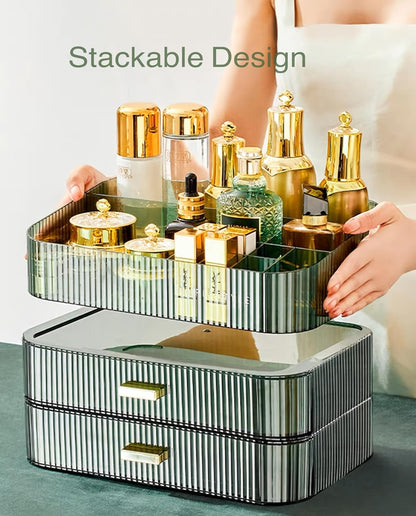Stackable Cosmetics Organizer Drawers, Bathroom Vanity Makeup Organizers and Storage, Ideal for Desk and Dresser Countertops, Great for Palette, Skincare, Lipsticks, Nail Care. Green