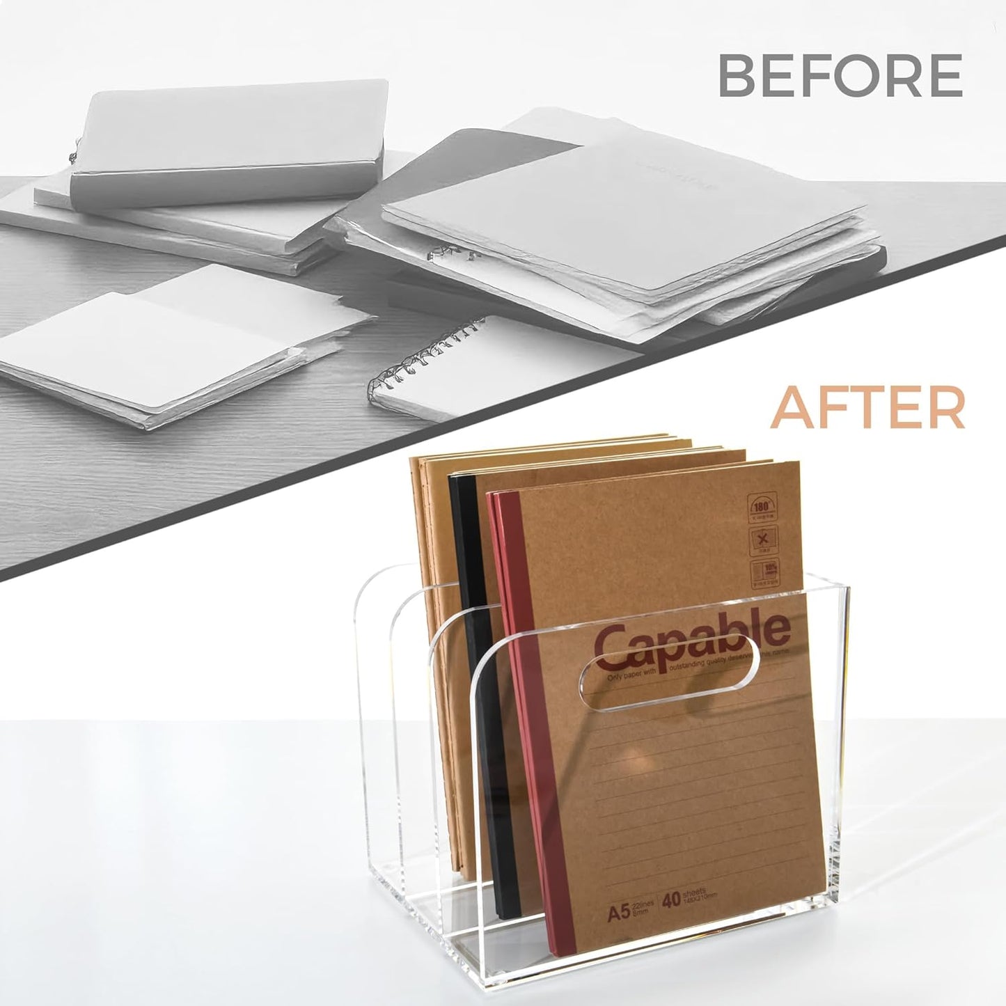Clear Acrylic Organizers - 5 Vertical Compartments Acrylic Folder Organizer & File Organizer, Desk Document Storage Bins for Magazines, Binders - Multipurpose Home Office Desk Organizer