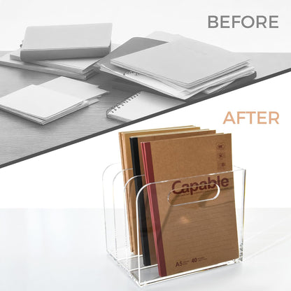 Clear Acrylic Organizers - 5 Vertical Compartments Acrylic Folder Organizer & File Organizer, Desk Document Storage Bins for Magazines, Binders - Multipurpose Home Office Desk Organizer