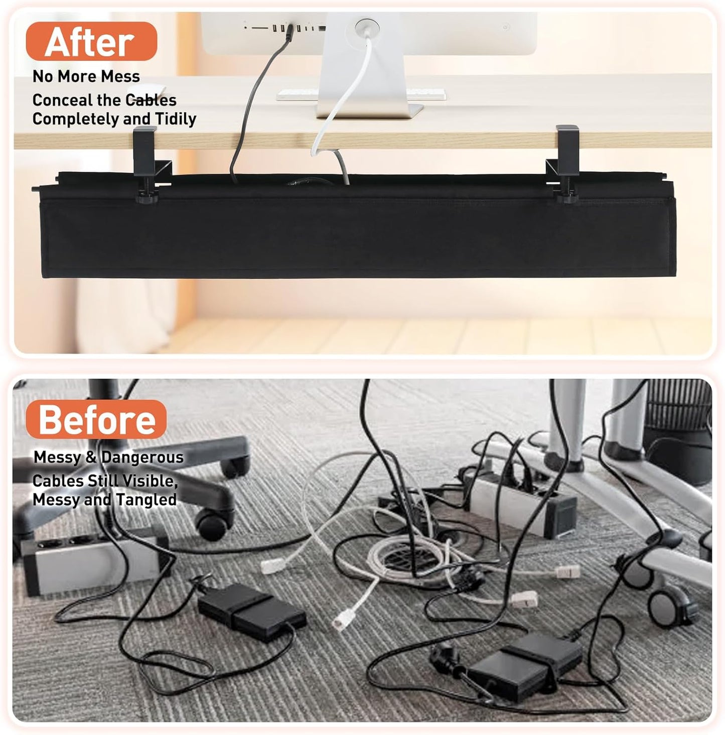 MAXECHO Under Desk Cable Management Tray 28" - Clamp on Wire and Cable Organizer for Storage and to Hide Cords - Ideal for Home Office - Premium Black Fabric Design