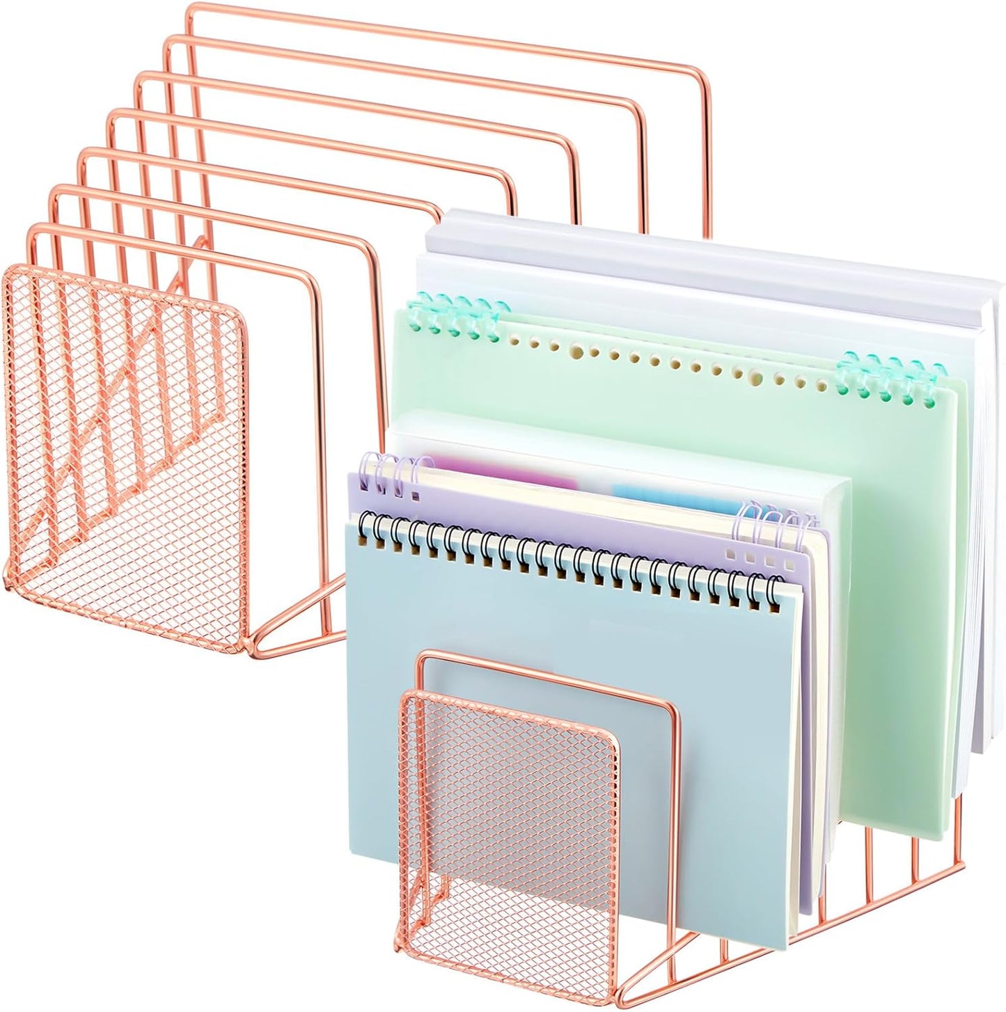 2 Pcs 7 Section Wire File Organizer for Desk, Metal Mesh Incline File Holder, Letter & Magazine Folder Rack, Desktop Paper Sorter for Home Office School (Golden)