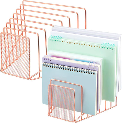 2 Pcs 7 Section Wire File Organizer for Desk, Metal Mesh Incline File Holder, Letter & Magazine Folder Rack, Desktop Paper Sorter for Home Office School (Golden)