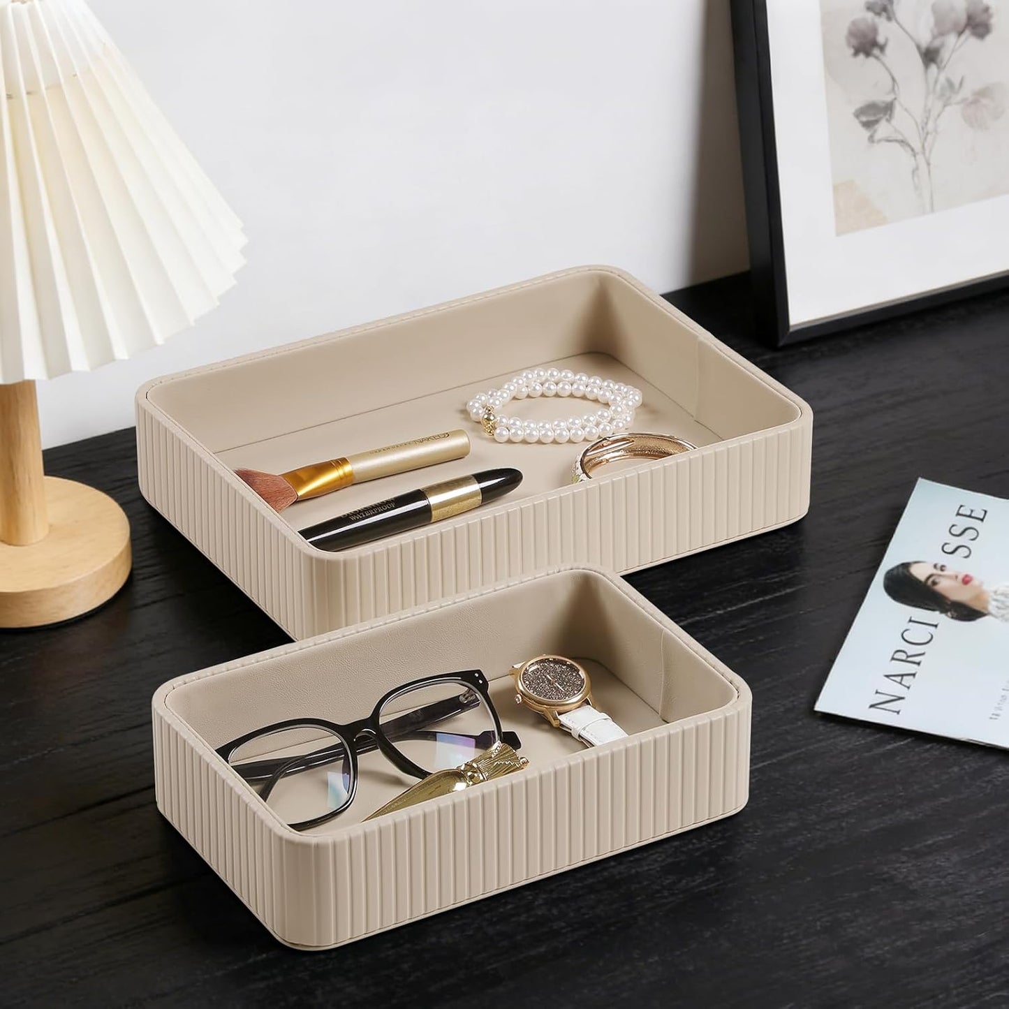 Desk Organizer Tray, PU Leather Nightstand Organizer Perfume Valet Tray for Men Women, Decorative Vanity Trays Trinket Dish Key Bowl for Entryway Table (2pcs, Ivory, Large+Small)