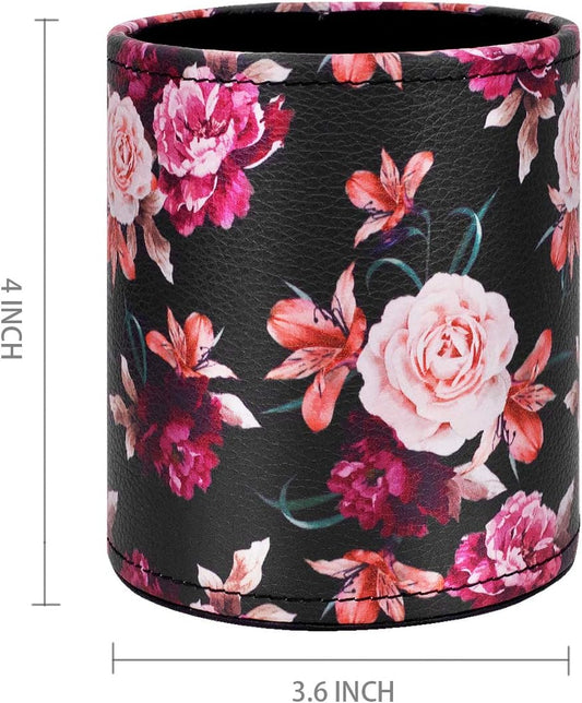 WAVEYU Pen Holder for Women Girls, Pencil Cup Pink Desk Decor, Makeup Brush Holder Large Pu Leather Multi-Functional Organizer Cup for Office, Classroom, Home, Colorful Marble