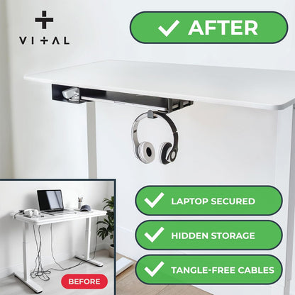 VI+AL Under Desk Laptop Mount - Hidden Metal Shelf with Side Storage, Hook & Cable Organizer - Installs with Tape & Screws - Fits Devices up to 1.7" Thick - Deluxe + LED (USB Light Strip & Remote)