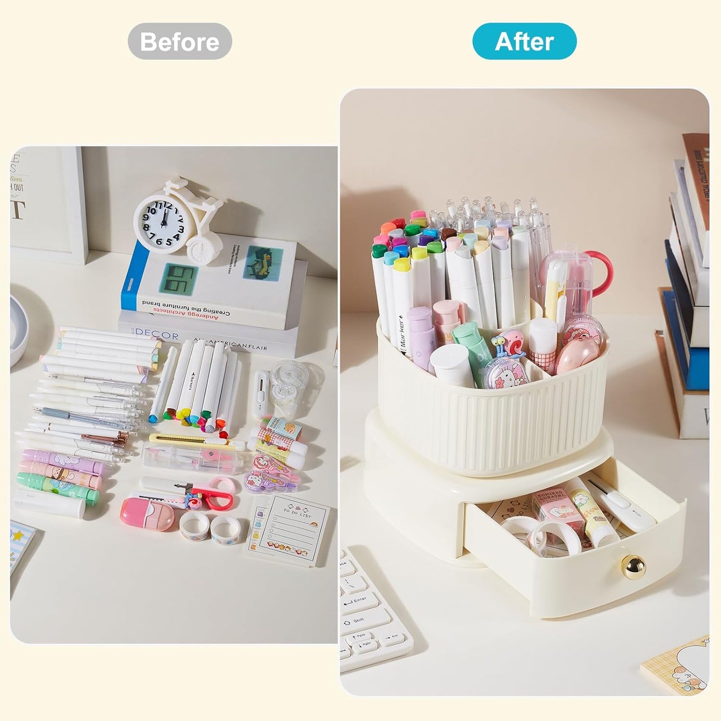 Desk Pencil Pen Holder, 5 Slots 360 Degree Rotating Pencil Pen Organizers for Desk Desktop Storage Stationery Supplies Organizer Cute Pen Cup for Office School Home Art Supply Cream Yellow