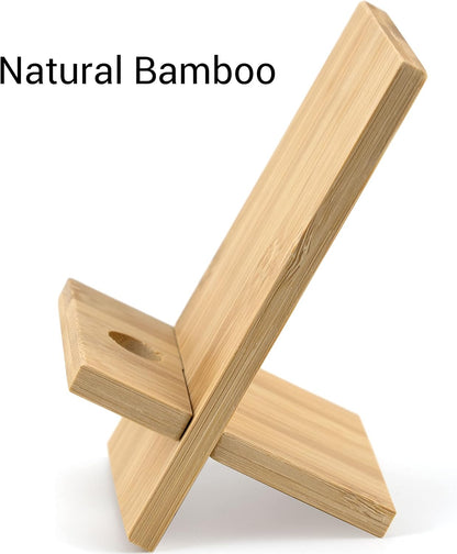 IFAMIO 2 Pack Bamboo Cell Phone Stand Wooden Phone Holder Tablet Desk Stand with Charging Hole Portable Phone Table Stand Desk Organizer Compatible with iPhone Smart Phone iPad Tablet