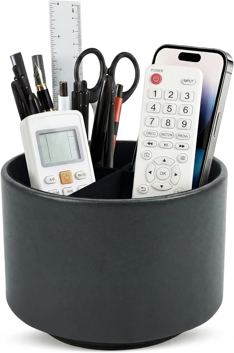 Hennaja Round Leather Art Supply Organizer,Remote Control Holder,360 Degree Rotating,Multi-Functional Pencil Holder,4 Compartments Desktop Stationary Organizer(1-Blue Bird) - Colors B
