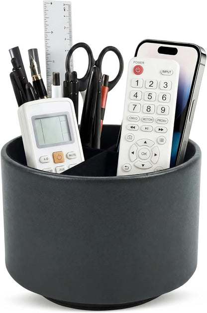 Hennaja Round Leather Art Supply Organizer,Remote Control Holder,360 Degree Rotating,Multi-Functional Pencil Holder,4 Compartments Desktop Stationary Organizer(1-Blue Bird) - Colors B