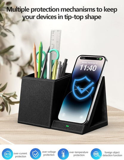 Bamboo Pen Holder for Desk & Nightstand Organizer with Fast Wireless Charging for iPhone, Samsung & More – Office Desk Accessories for Men/Women (Natural)