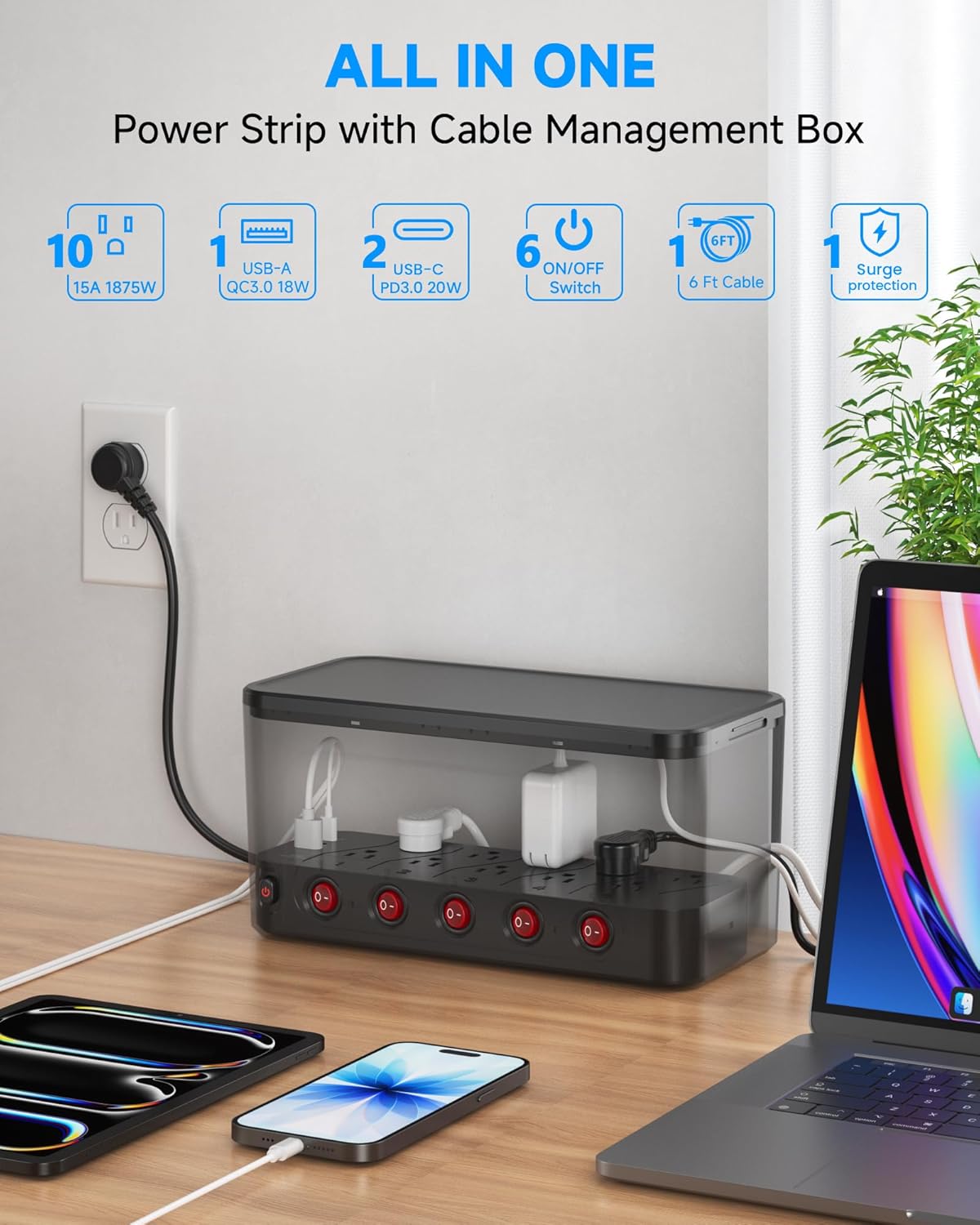 Power Strip with Cable Management Box,Surge Protector 10 AC and 3 USB Ports,6 ft Flat Plug Extension Cord,Outlet Hider Fast Charging Station,Desk Cord Organizer Box and Cover,Hidden Long Wire,Black