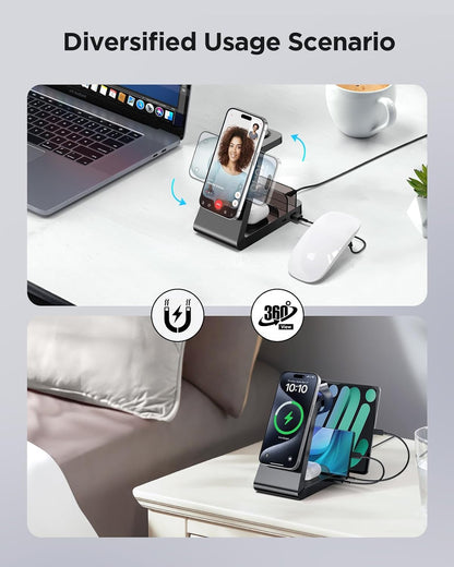 Charging Station for iPhone,5 in 1 Wireless Charger Stand Dock for Apple: Mag-Safe Charging Station for Multiple Devices Apple iPhone 17 16 15 14 13 12 Pro Max Plus iWatch Airpods