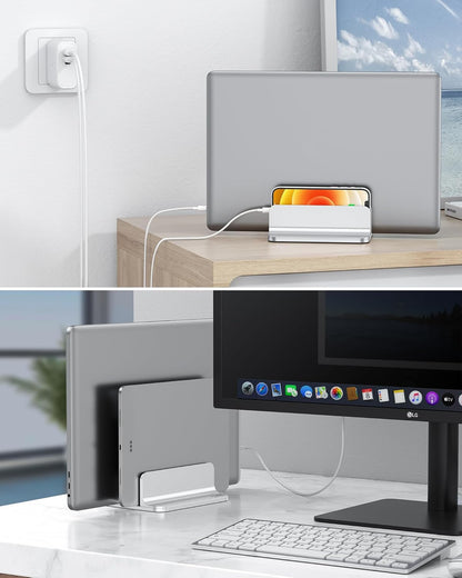 OMOTON Vertical Laptop Stand [Updated 3-Slots Version], Desktop Aluminum Mac Book Stand with Adjustable Dock Size, Fits All Mac Book, Chrome Book and Gaming Laptops (Up to 17.3 inch), Starlight
