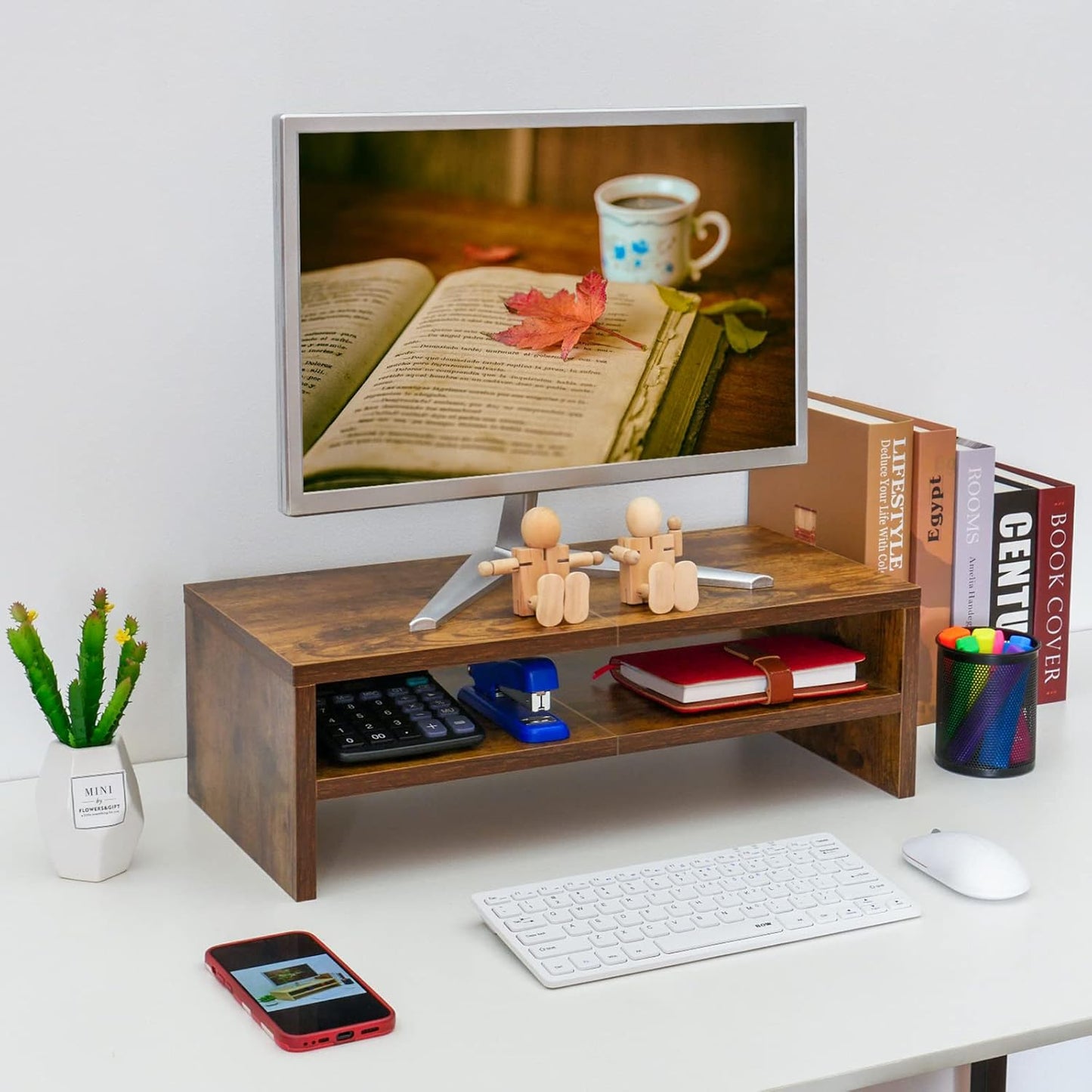 TEAMIX 2 Tiers Wooden Desktop Monitor Stand Riser 20 Inch Printer Stand with Double Storage Small TV Riser Laptop Keyboard Holder Business Desk Organizer Shelf Black Bookshelf