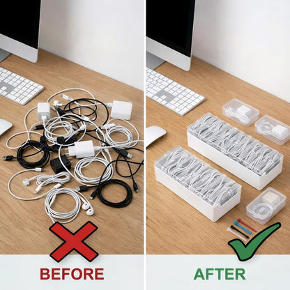 2 Pack Cable Organizer Box Set with 7 and 11 Clear Cases for Charging Cables, Chargers, Earphones and Small Accessories, Includes Cable Ties and Labels for Home, Desk and Drawer