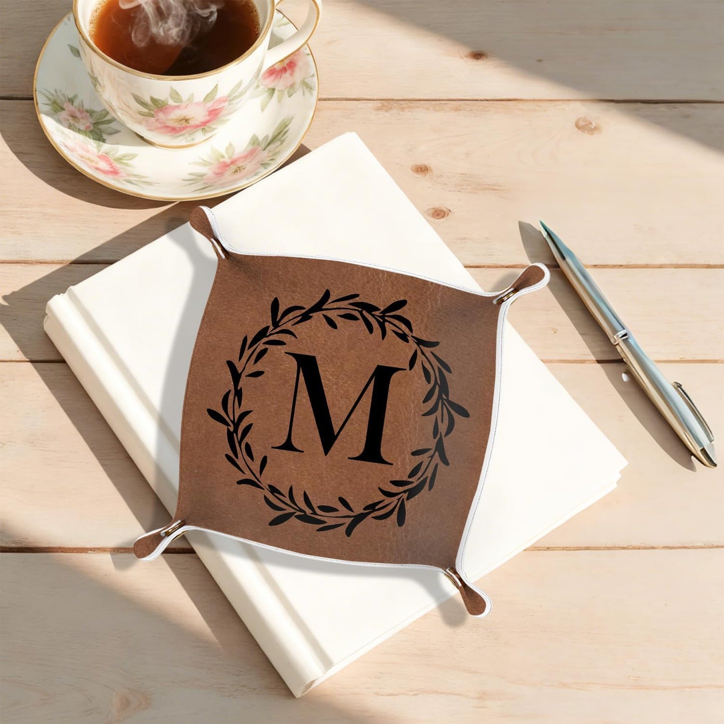 Gifts for Boyfriend Initial Valet Tray,Personalized Gifts for Dad Husband Boyfriend Grandpa,Nightstand Desk Accessories PU Leather Tray Organizer for Birthday Ideas (M)