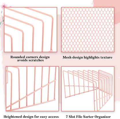 2 Pcs 7 Section Wire File Organizer for Desk, Metal Mesh Incline File Holder, Letter & Magazine Folder Rack, Desktop Paper Sorter for Home Office School (Golden)