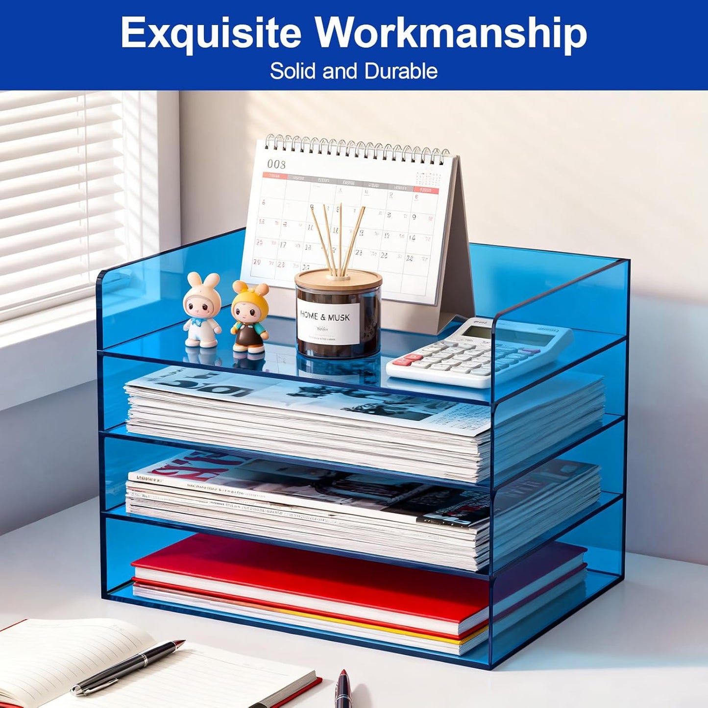 Gelite Acrylic File Organizer for Desk 4 Tiered Stackable Letter Tray Office Paper Storage Desktop Document Sorter, Neon Pink