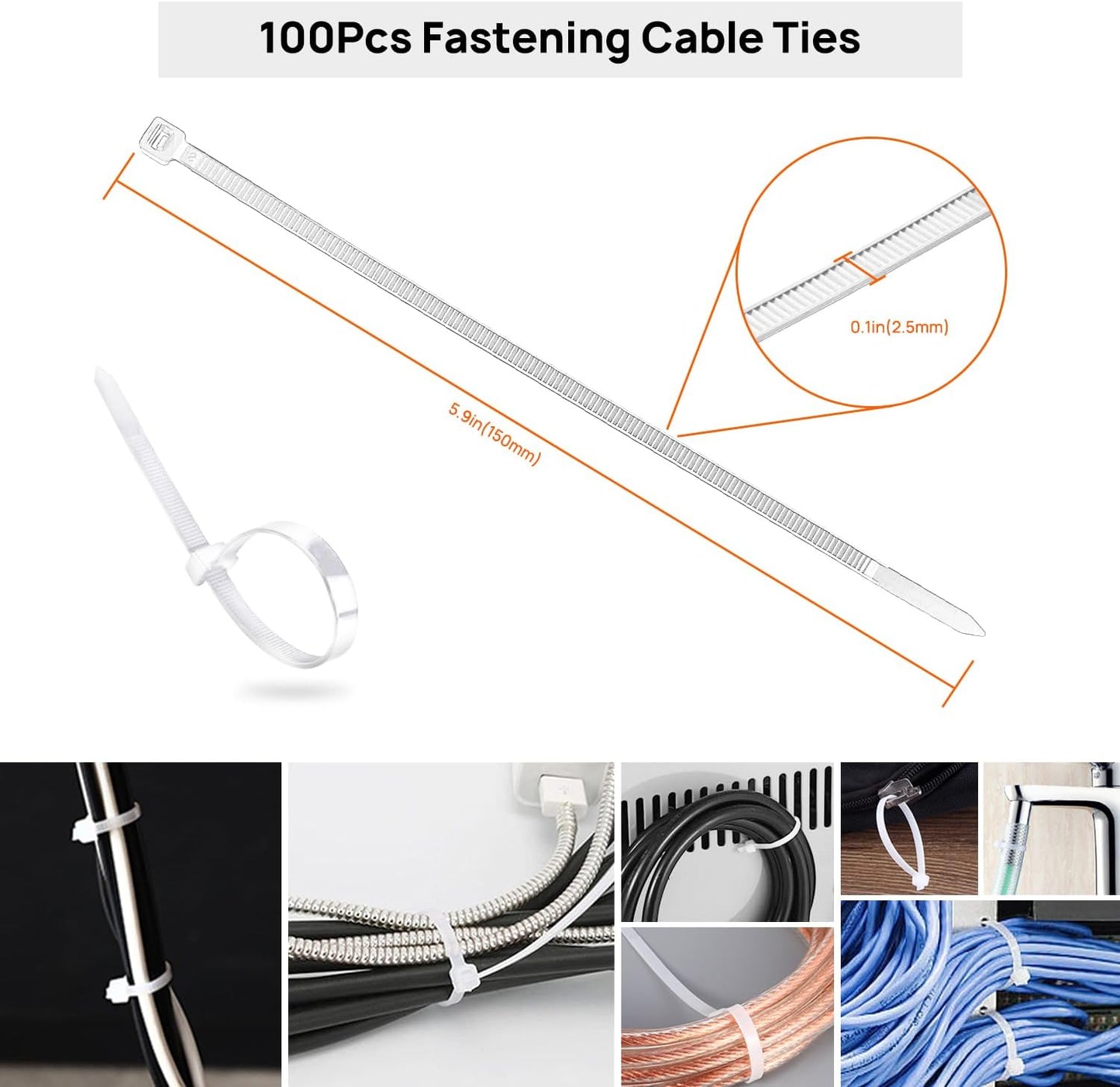 Cable Management Kit - 4 Cable Sleeve, 57 Self Adhesive Cable Clips, 12 Hanging Strips, 12 Cable Organizer Straps and 100 Fastening Cable Ties for TV Computer Under Desk (Black and White)